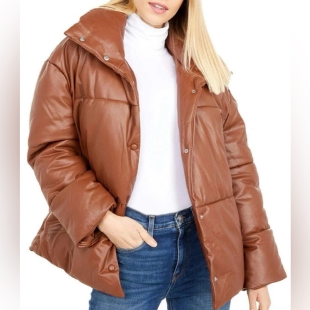 Avec Les Filles Woman's CoatSaddle Brown Faux Leather PufferJacket size 3X